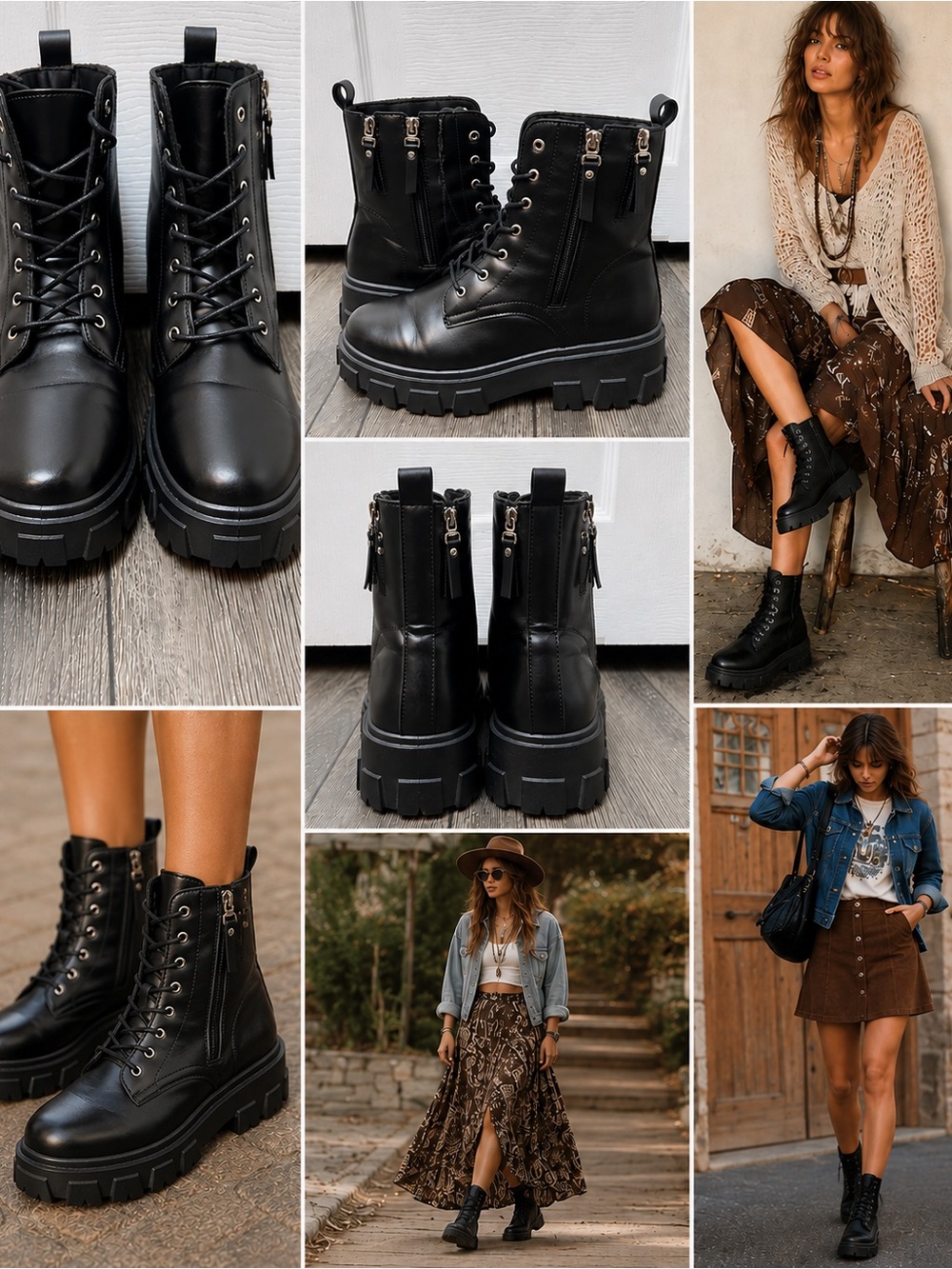 Forever Black Combat Boots Chunky Lug Sole Double Zip Lace Up Platform Size 7.5